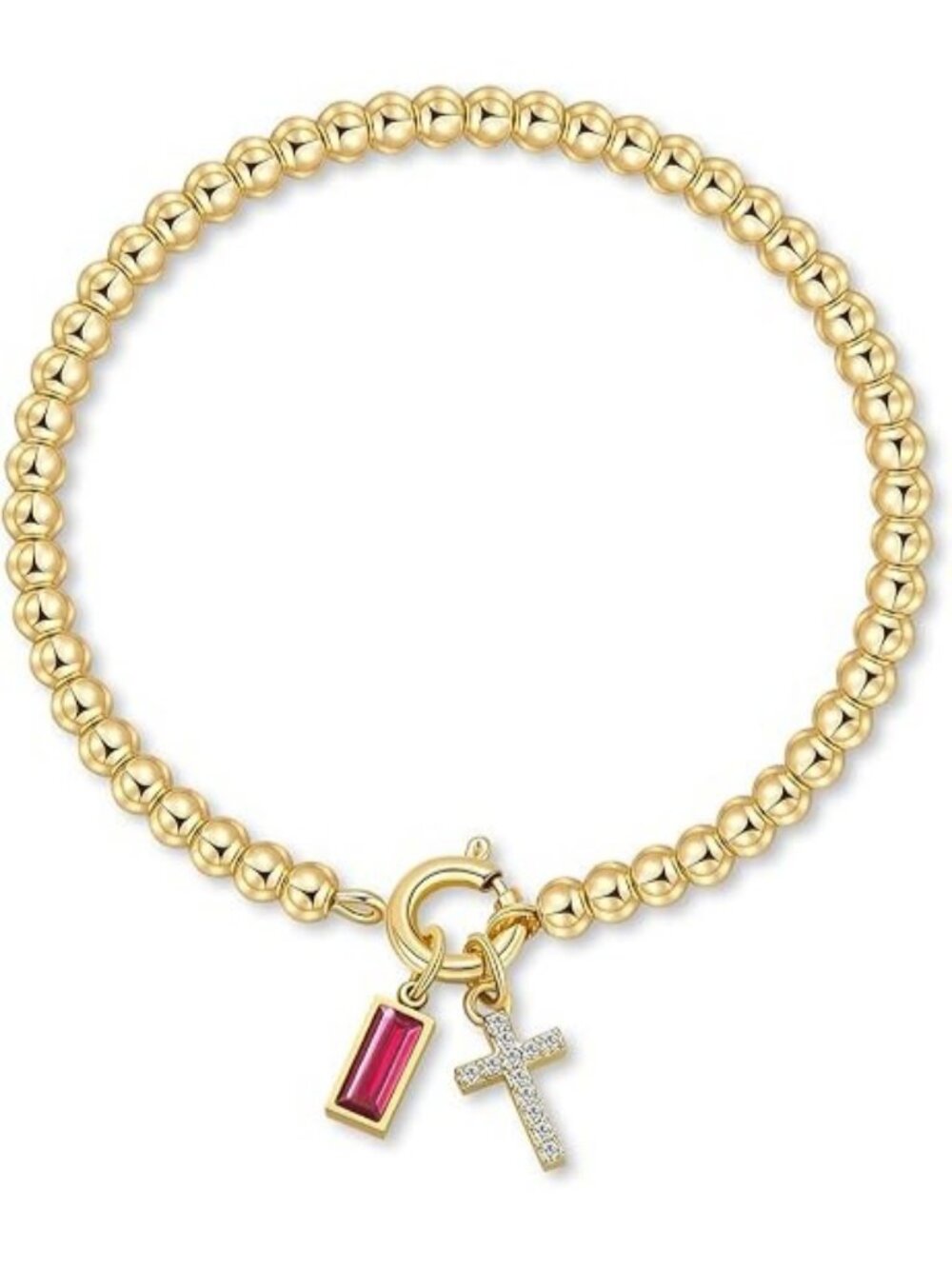 10-October(Tourmaline) Cross Birthstone Elastic 14K Gold Plated Bead Bracelet